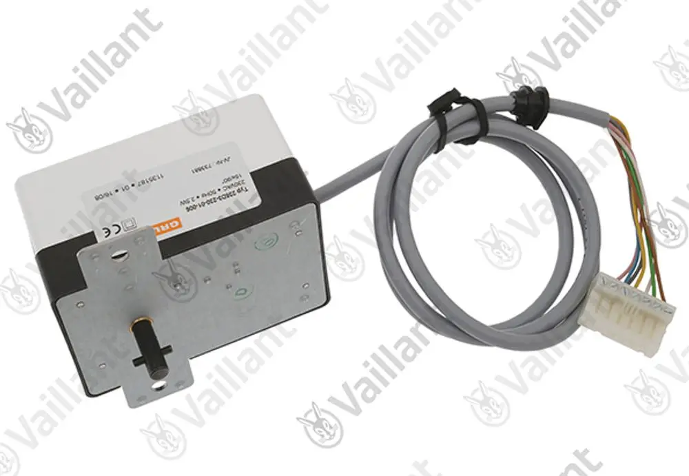Vaillant Stellmotor mit grauem Kabel und mehrfarbigen Drähten, montiert auf einer Metallbasis mit einem Drehstift.